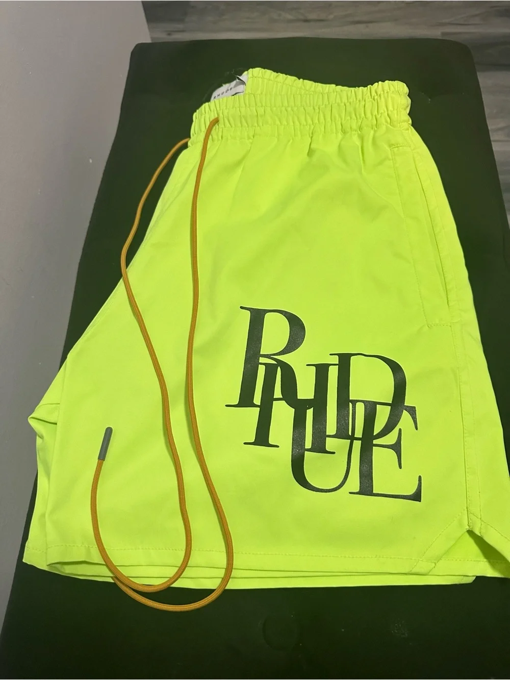 Rhude Neon Yellow Athletic Drawstring Shorts with Orange Cord swim shorts